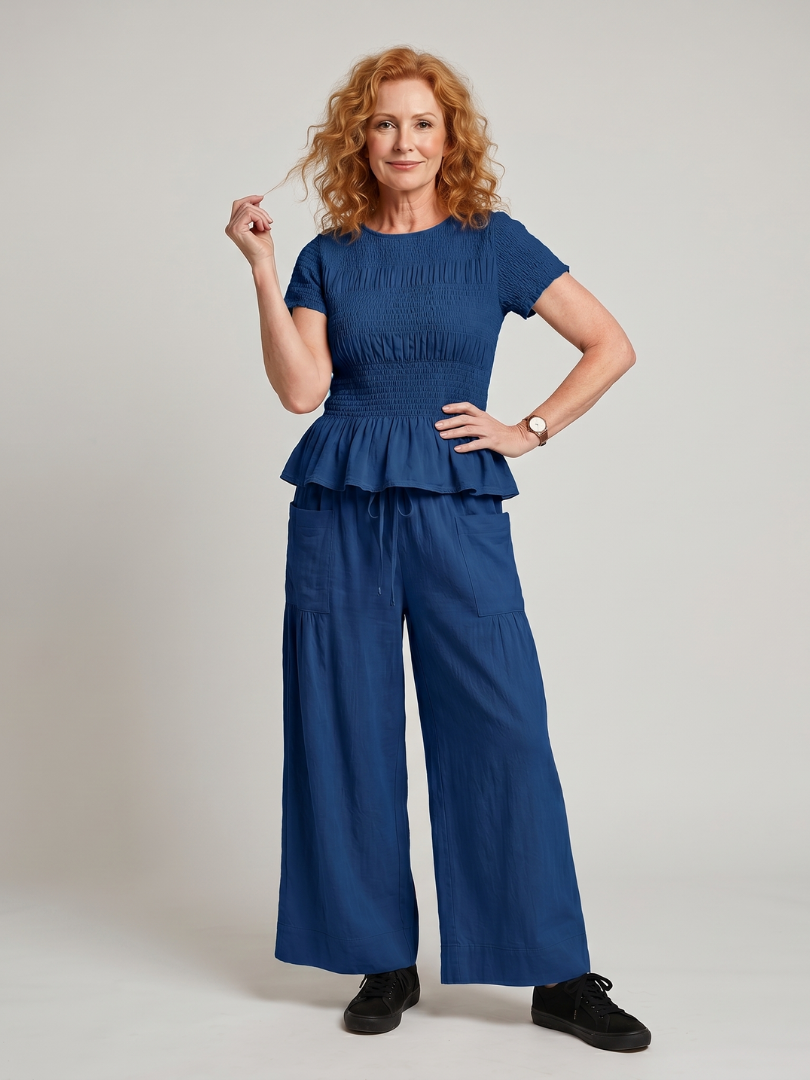 Eirenne | Women's Peplum Smocked Top and Wide Leg Pants Set-Trendyssimo