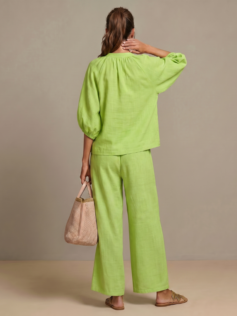 Natalia | Women's Zip Front Blouson Top and Wide Leg Set-Trendyssimo