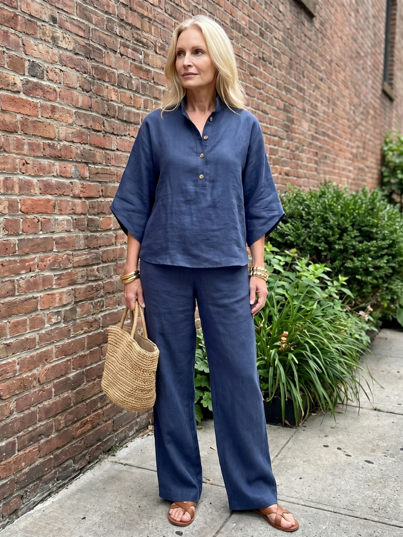 Women's navy button-front tunic and relaxed trousers set, full front