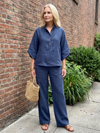 Women's navy button-front tunic and relaxed trousers set, full front