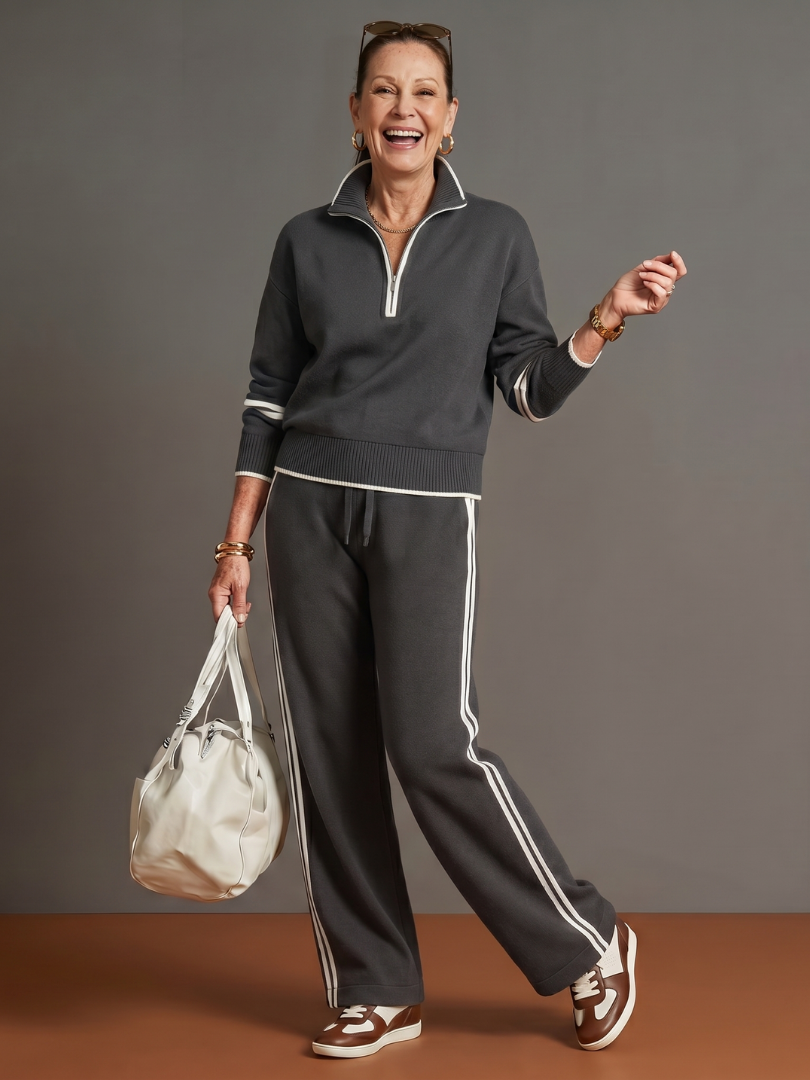 Rain Women's Zip Neck Long Sleeve Side Stripe Pants Set-Trendyssimo