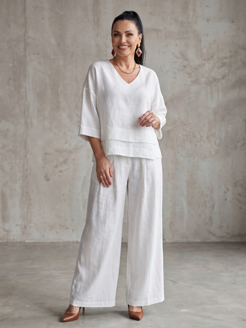 White layered top and wide-leg pants set, V-neck, short sleeves, tiered layers