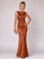 Women's sleeveless boat-neck fitted maxi dress, brown satin finish, fitted silhouette