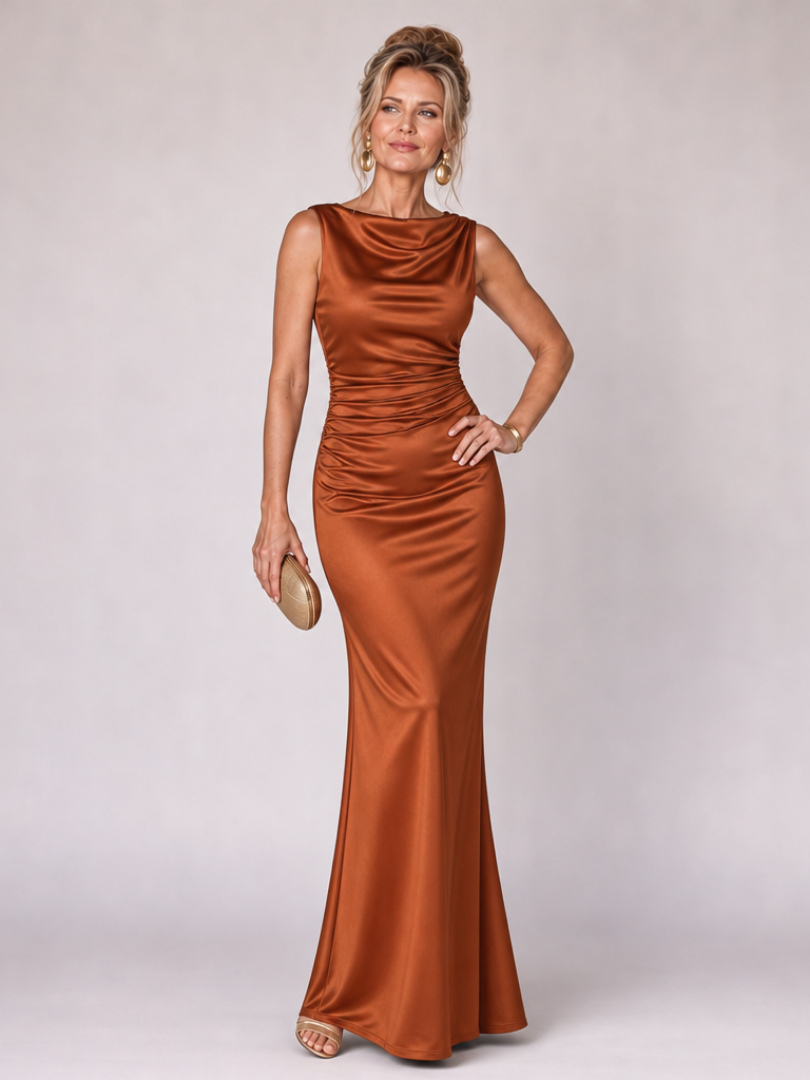 Women's sleeveless boat-neck fitted maxi dress, brown satin finish, fitted silhouette