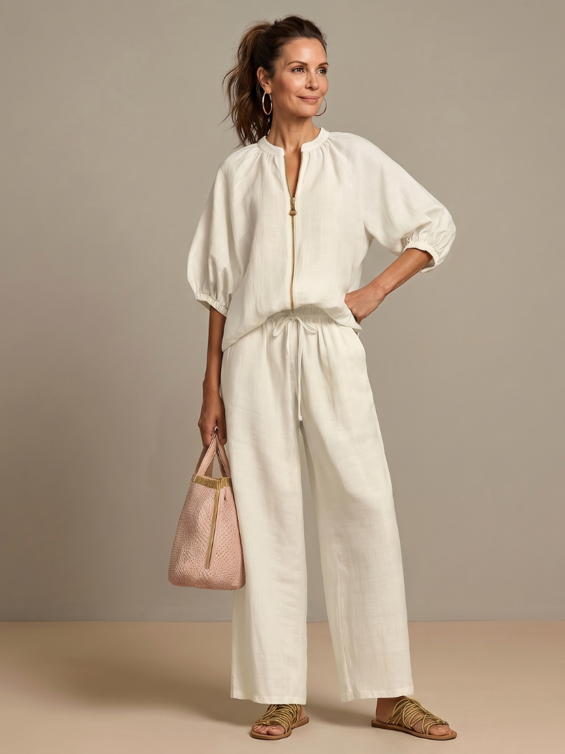 Natalia | Women's Zip Front Blouson Top and Wide Leg Set-Trendyssimo