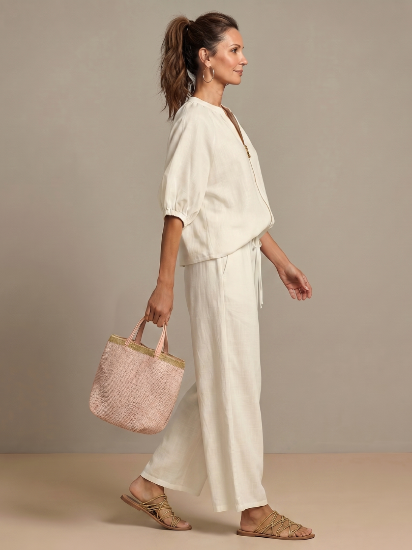 Natalia | Women's Zip Front Blouson Top and Wide Leg Set-Trendyssimo