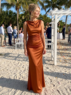 Women's sleeveless boat-neck fitted maxi dress, satin brown with gathered waist