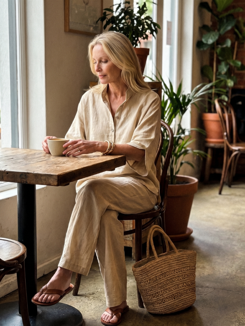 Women's beige button-front tunic and relaxed trousers set, side seated