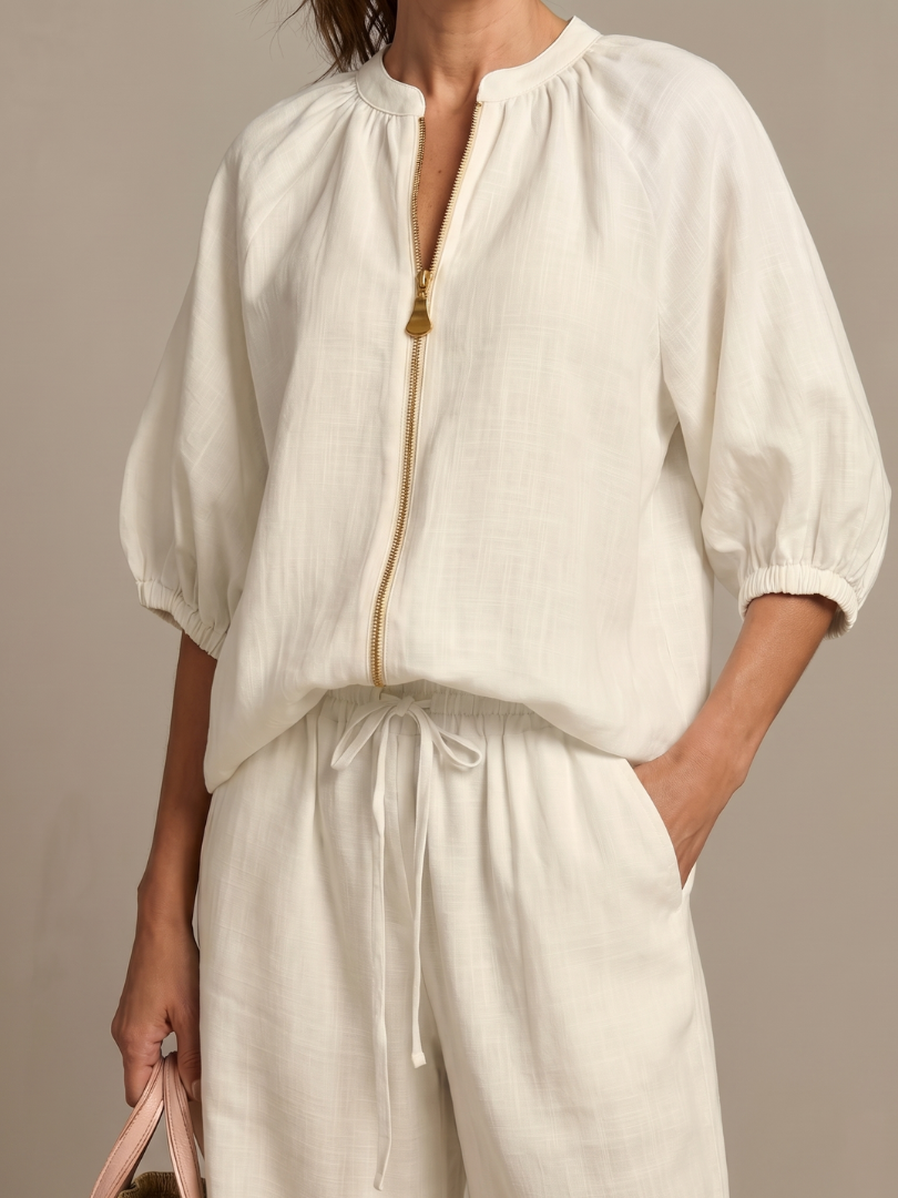 Natalia | Women's Zip Front Blouson Top and Wide Leg Set-Trendyssimo
