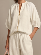 Natalia | Women's Zip Front Blouson Top and Wide Leg Set-Trendyssimo