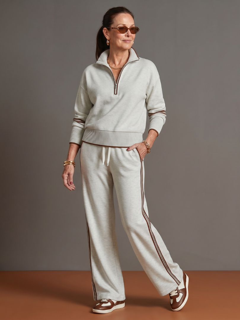 Rain Women's Zip Neck Long Sleeve Side Stripe Pants Set-Trendyssimo