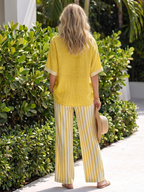 Contrast V-neck tunic and striped trouser set, yellow tunic with white cuff trim