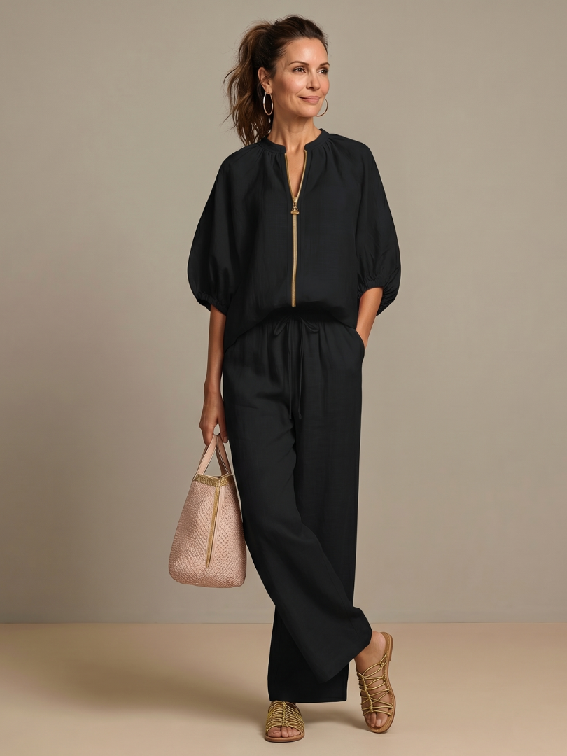 Natalia | Women's Zip Front Blouson Top and Wide Leg Set-Trendyssimo