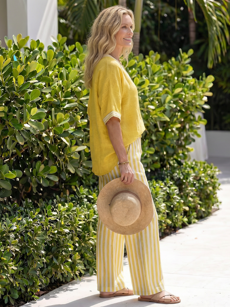 Contrast V-neck tunic and striped trouser set, yellow top with white-trim sleeves