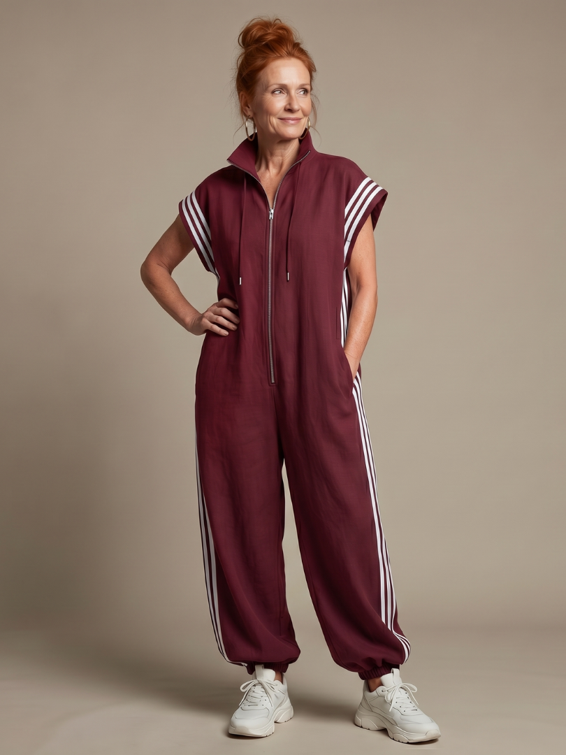 Burgundy zip-front jumpsuit, white triple stripe panels, drawstring hood
