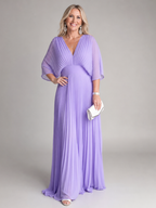 Lavender purple v-neck pleated maxi dress with 3/4 sleeves and gathered waist