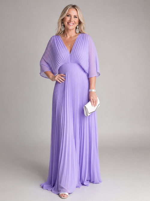 Lavender purple v-neck pleated maxi dress with 3/4 sleeves and gathered waist