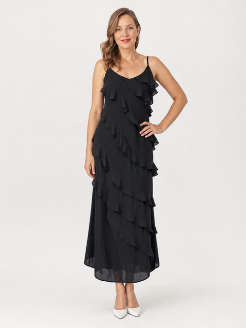 Women's black spaghetti-strap maxi dress with layered ruffle tiers