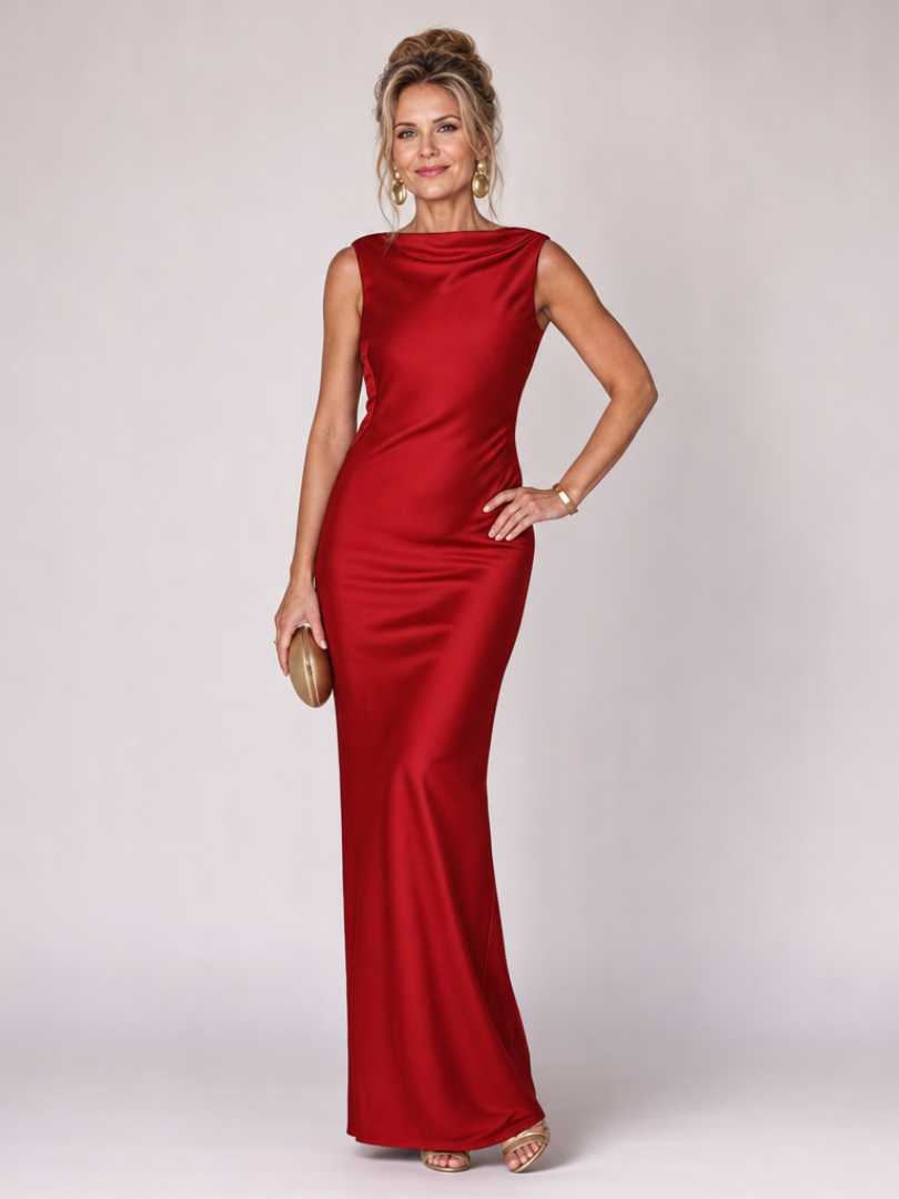 Women's sleeveless boat-neck fitted maxi dress, red satin finish