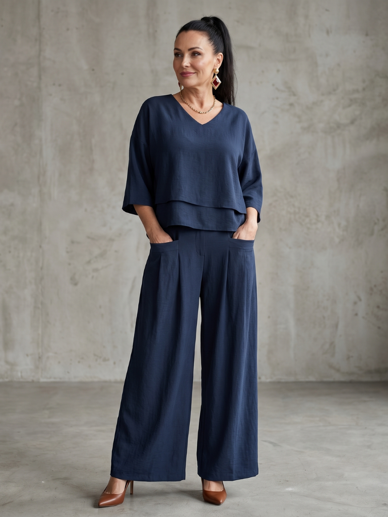 Navy layered top and wide-leg pants set, V-neck, elbow sleeves, tiered hem