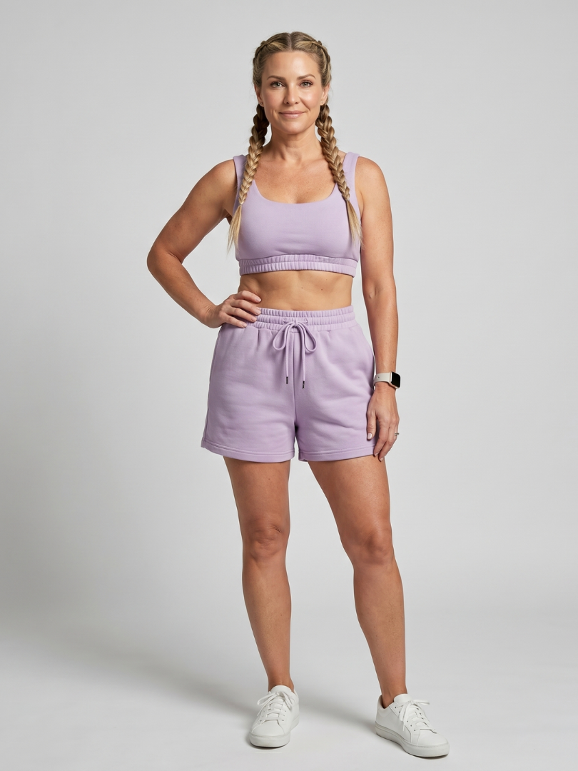 Purple sleeveless scoop-neck crop top and drawstring shorts set