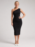 Black one-shoulder ruched midi dress with gathered waist detail and sleeveless drape