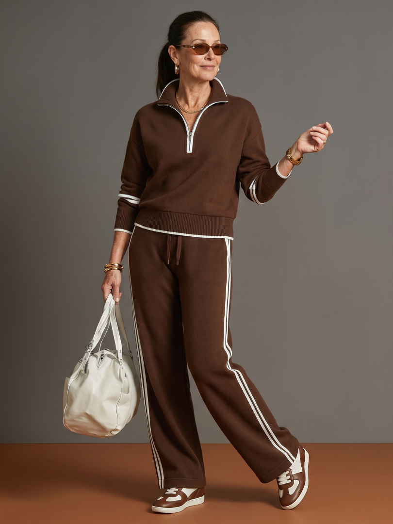 Rain Women's Zip Neck Long Sleeve Side Stripe Pants Set-Trendyssimo