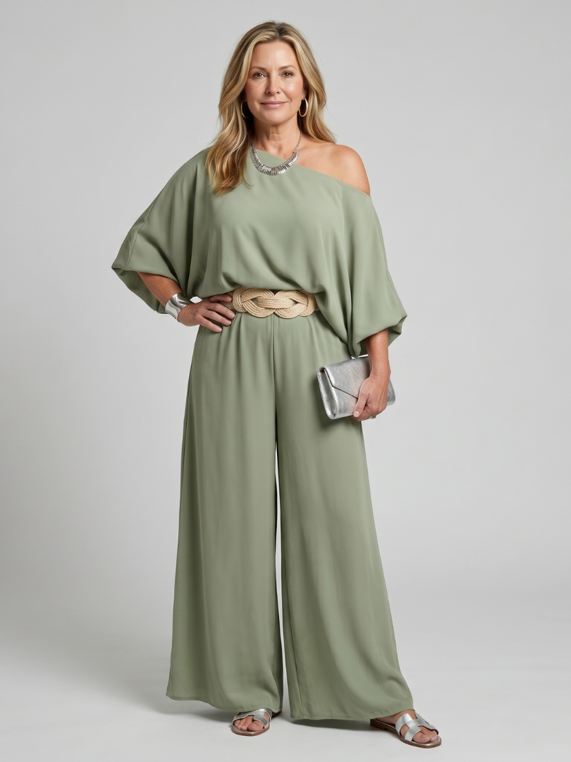 Siomara | Women's One Shoulder Wide Sleeve Top and Wide Leg Pants Set-Trendyssimo
