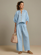 Natalia | Women's Zip Front Blouson Top and Wide Leg Set-Trendyssimo