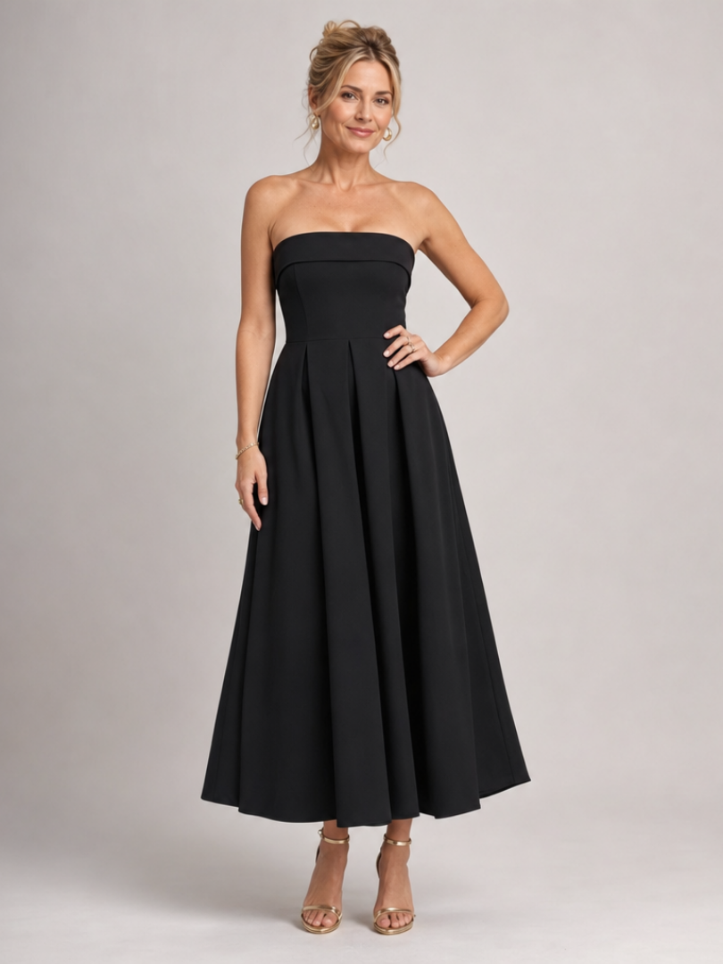 Black strapless structured bodice midi dress with pleated full skirt