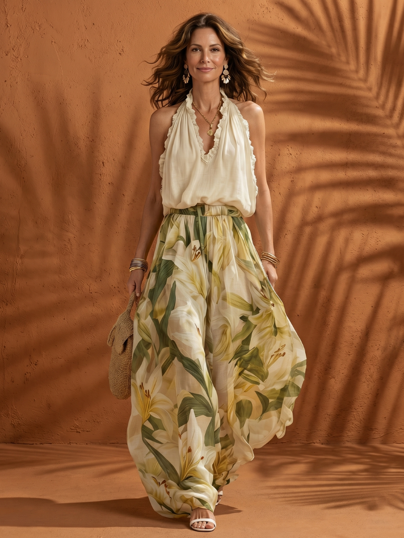 Solange | Women's Floral Halter Neck Blouse and Wide Leg Set-Trendyssimo