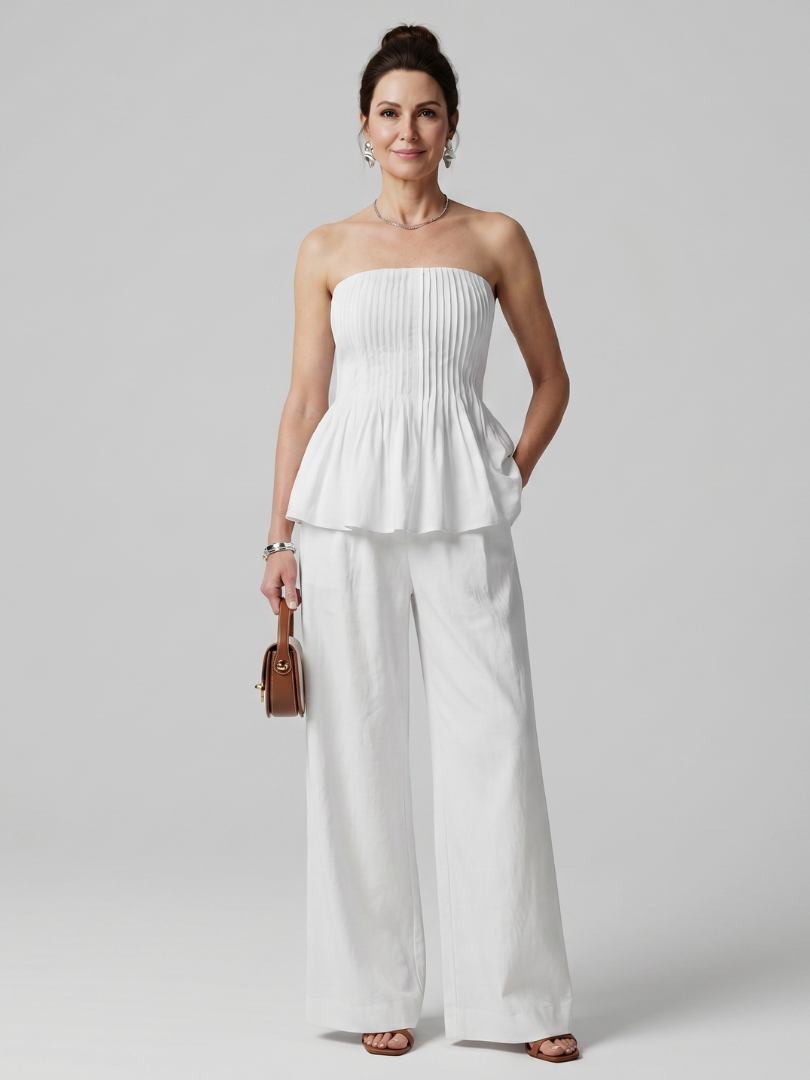 Rila | Women's Strapless Smocked Top and Wide Leg Pants Set-Trendyssimo