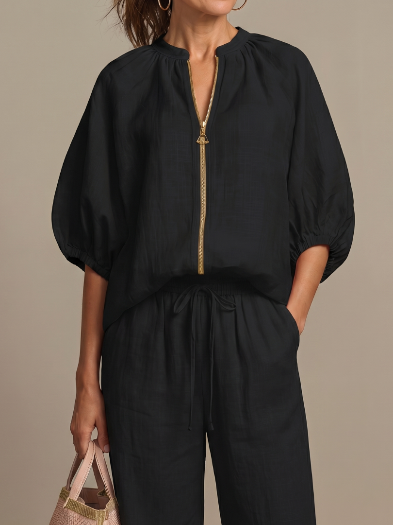 Natalia | Women's Zip Front Blouson Top and Wide Leg Set-Trendyssimo