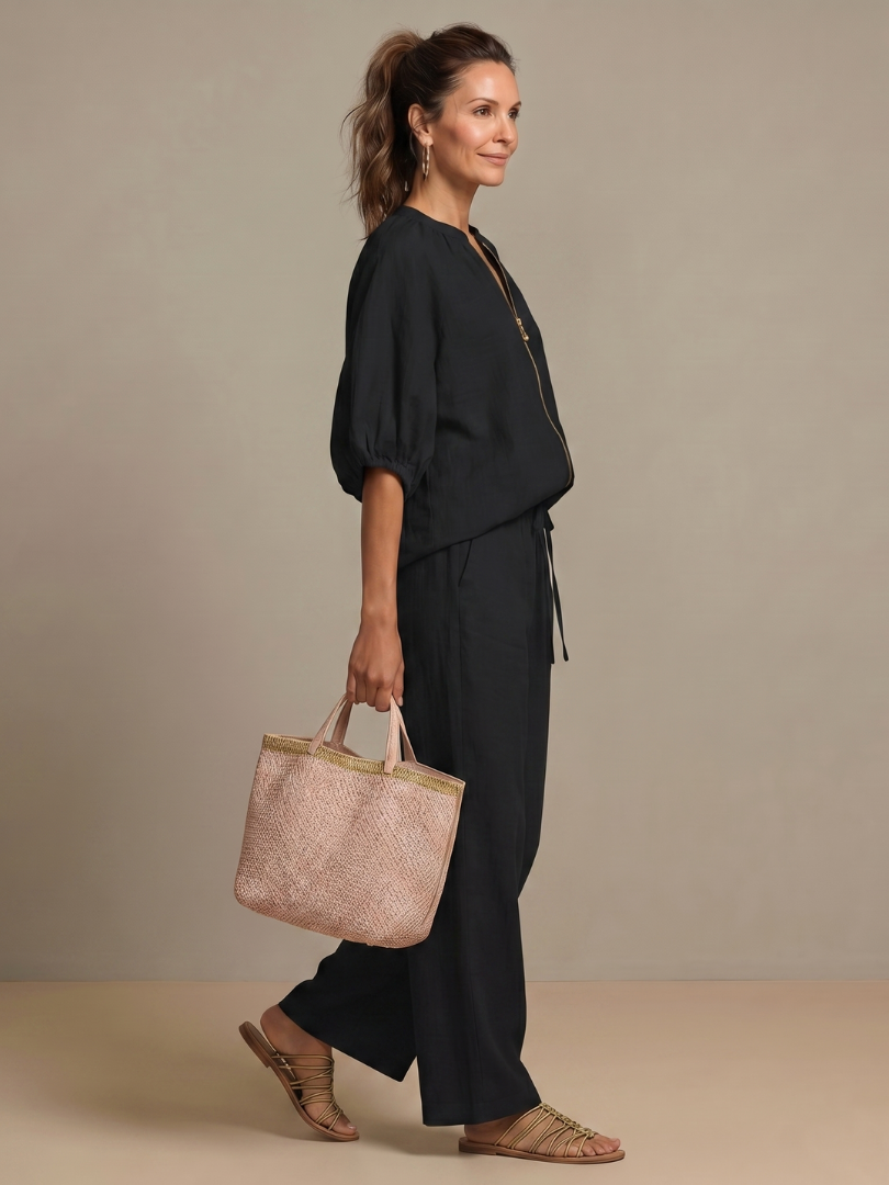 Natalia | Women's Zip Front Blouson Top and Wide Leg Set-Trendyssimo