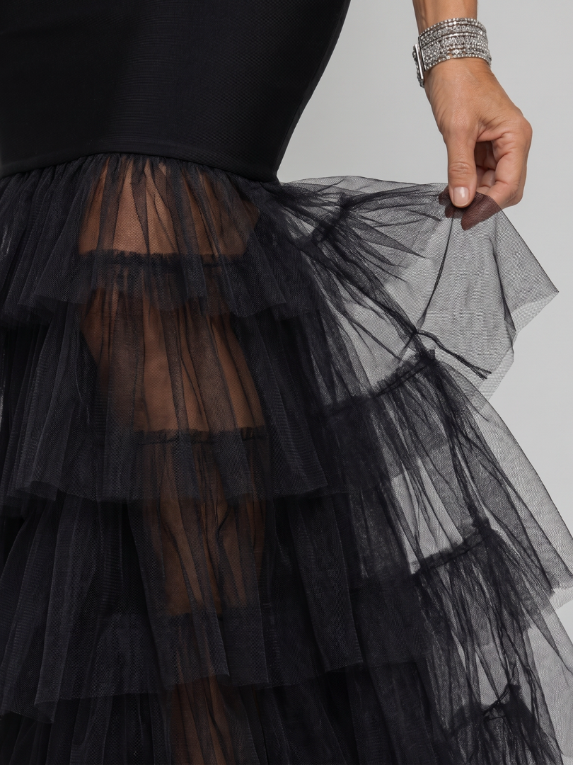 Tiered tulle hem on a black sleeveless maxi dress with layered mesh ruffles
