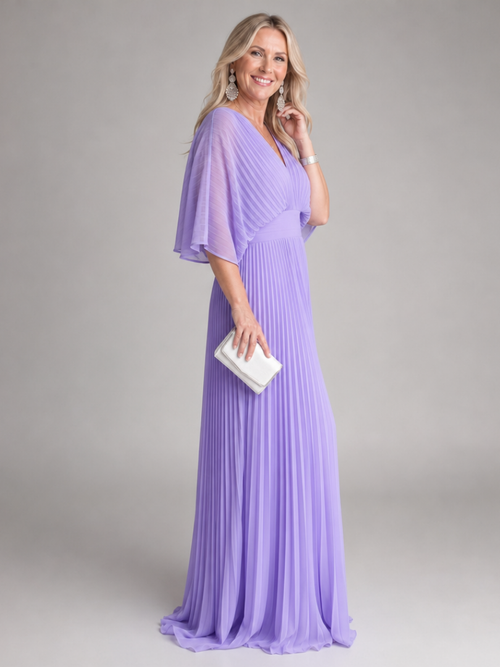Lavender purple v-neck pleated maxi dress with pleated skirt and gathered waist