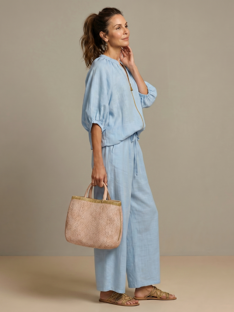 Natalia | Women's Zip Front Blouson Top and Wide Leg Set-Trendyssimo