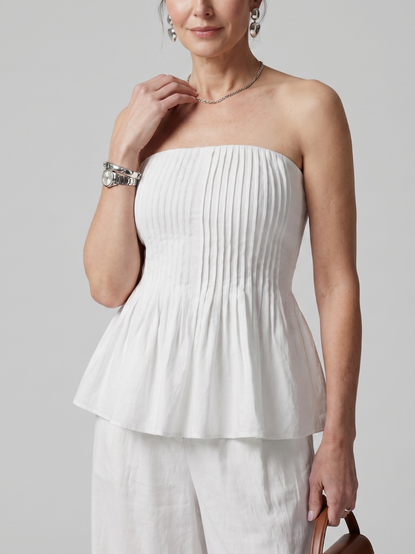 Rila | Women's Strapless Smocked Top and Wide Leg Pants Set-Trendyssimo