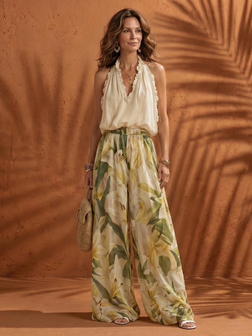 Solange | Women's Floral Halter Neck Blouse and Wide Leg Set-Trendyssimo