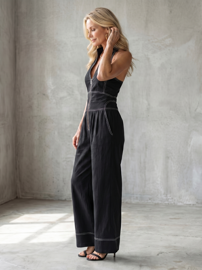 Dara | Women's Zip Front Contrast Stitch Wide Leg Jumpsuit-Trendyssimo