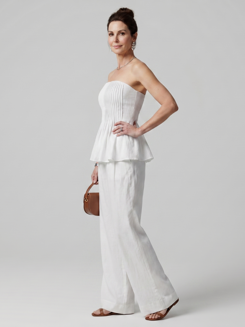 Rila | Women's Strapless Smocked Top and Wide Leg Pants Set-Trendyssimo