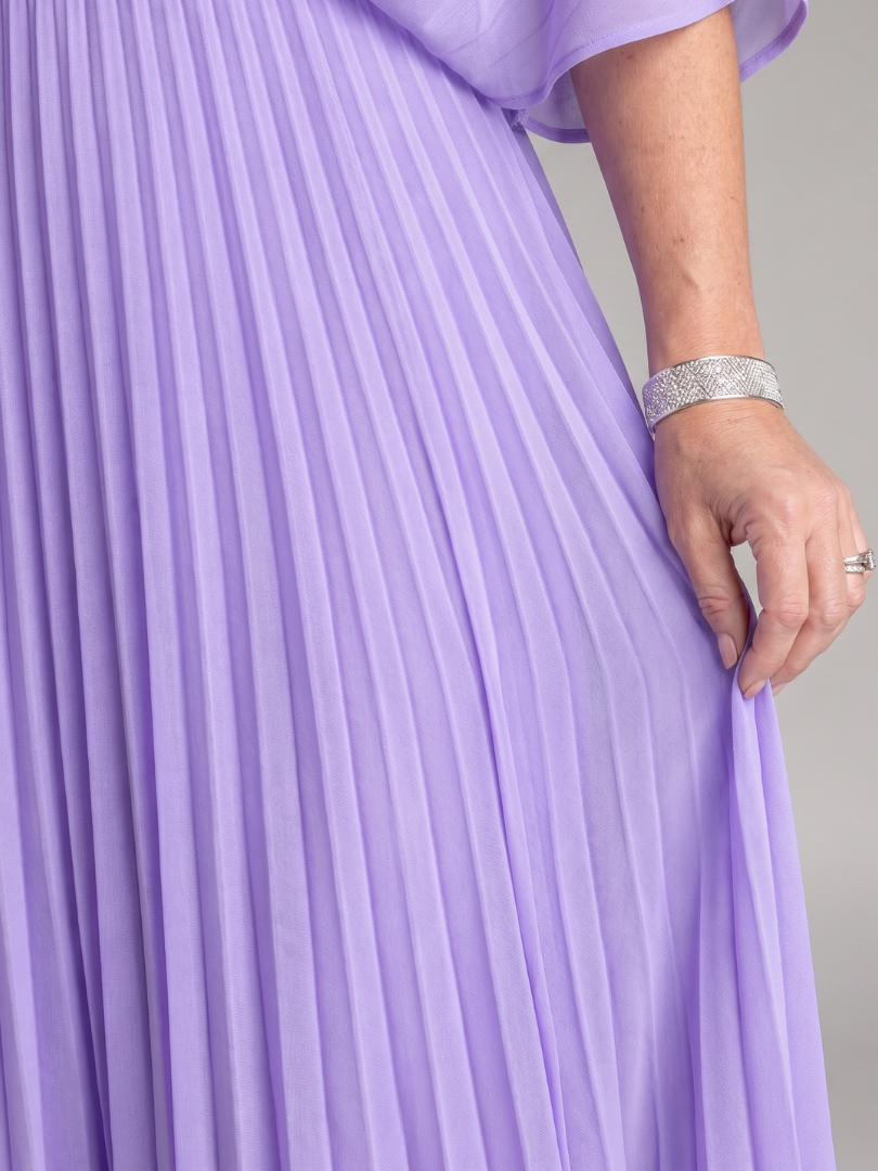 Lavender pleated maxi skirt with vertical pleats and gathered waist detail