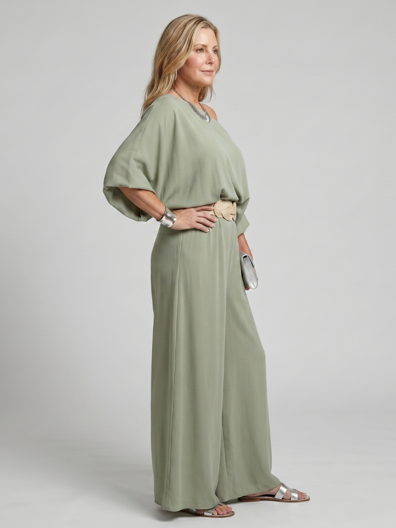 Siomara | Women's One Shoulder Wide Sleeve Top and Wide Leg Pants Set-Trendyssimo
