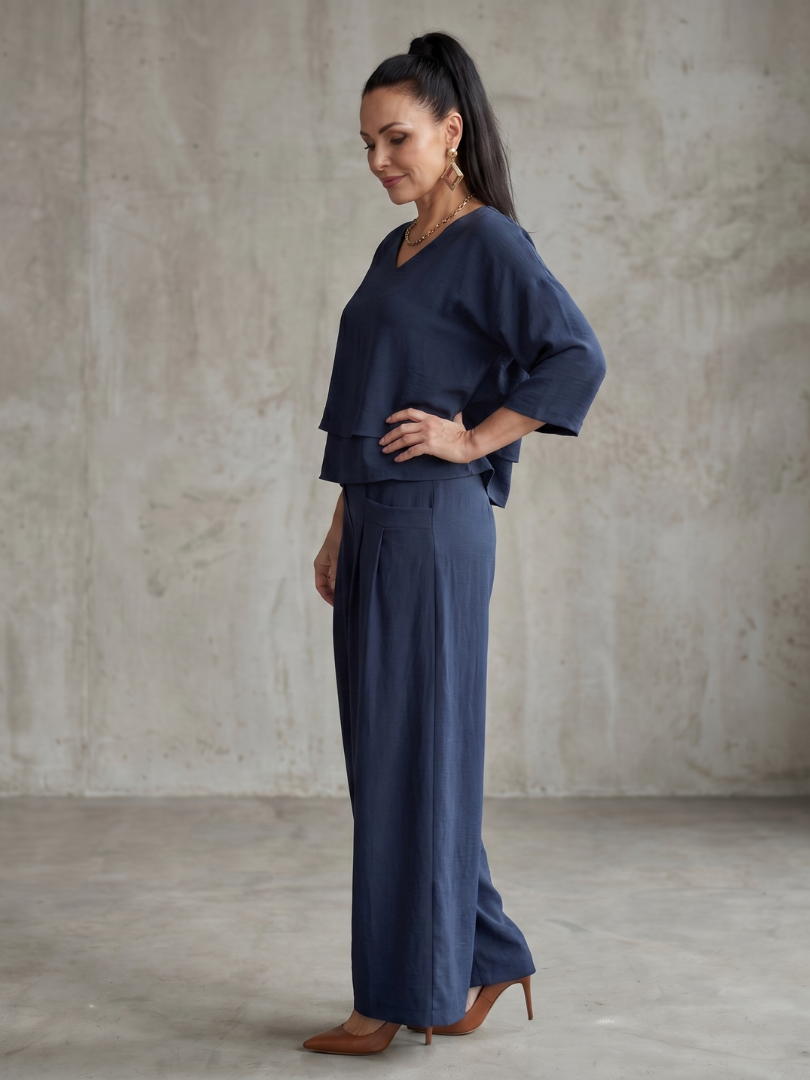 Navy layered top and wide-leg pants set, V-neck with draped tiered layers