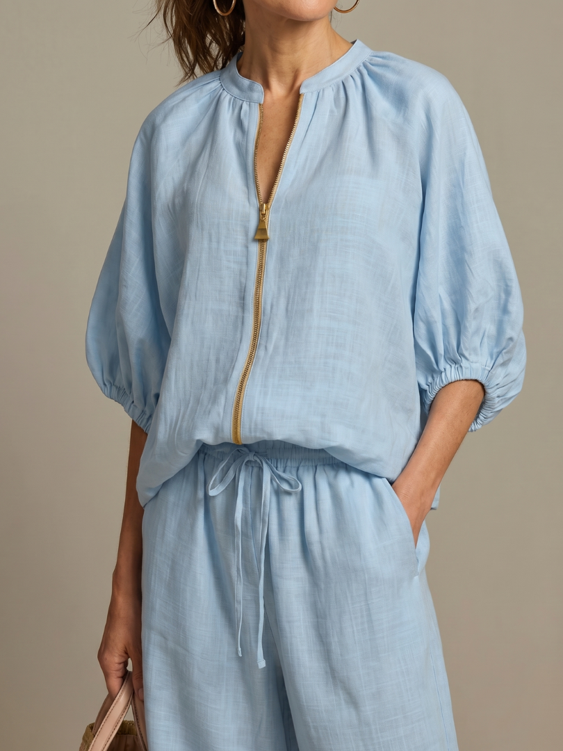 Natalia | Women's Zip Front Blouson Top and Wide Leg Set-Trendyssimo