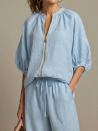 Natalia | Women's Zip Front Blouson Top and Wide Leg Set-Trendyssimo