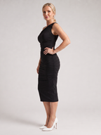 Black one-shoulder ruched midi dress with asymmetrical neckline and fitted pencil silhouette