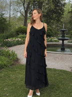 Women's black spaghetti-strap maxi dress with tiered ruffle front