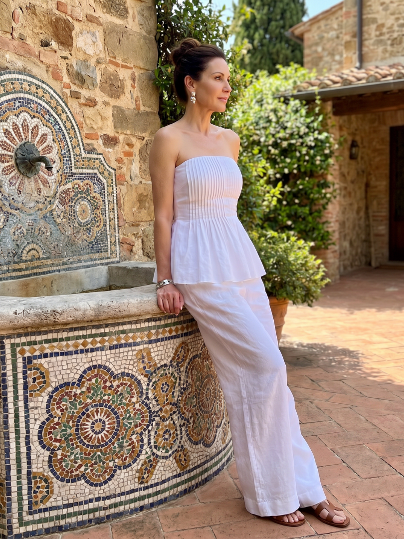 Rila | Women's Strapless Smocked Top and Wide Leg Pants Set-Trendyssimo