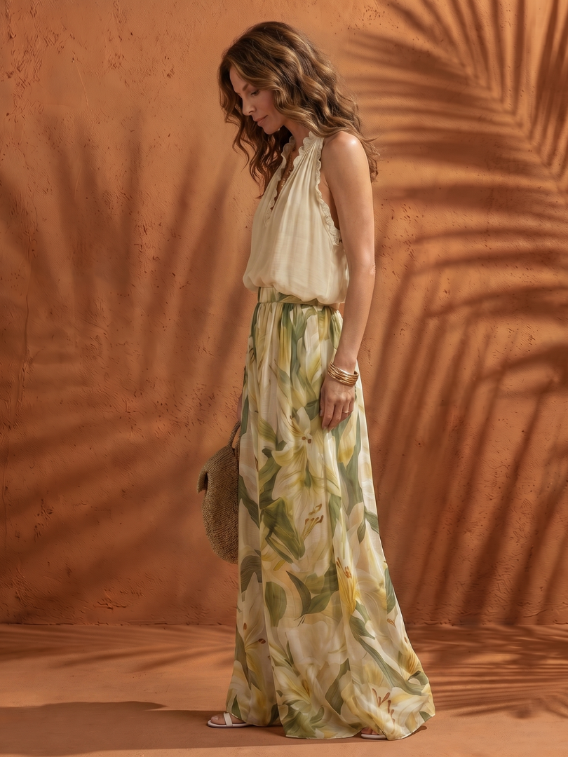 Solange | Women's Floral Halter Neck Blouse and Wide Leg Set-Trendyssimo
